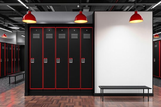 Modern locker room interior with empty white wall for presentation.