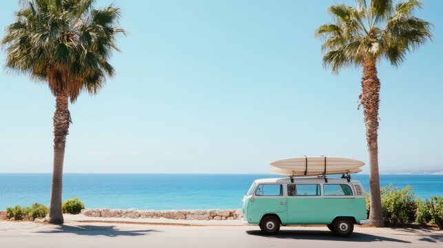 Retro van on beach, palm trees, sunny day