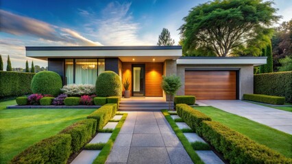Modern Suburban Home with Landscaped Entrance and Attached Garage at Dusk