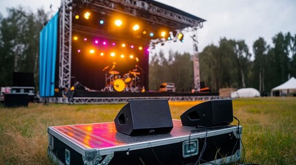 Sound Equipment Ready for Outdoor Concert on Stage with Lights