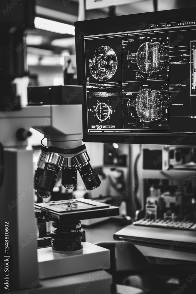 Poster a close-up view of a microscope with a black and white image in focus
