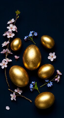 Fototapeta premium Golden Easter Eggs and Pink Blossoms on Dark Blue Background for Spring Celebration