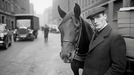 Man with Horse on a City Street in Black and White
