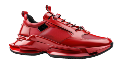Red modern sneaker with chunky sole isolated on transparent background