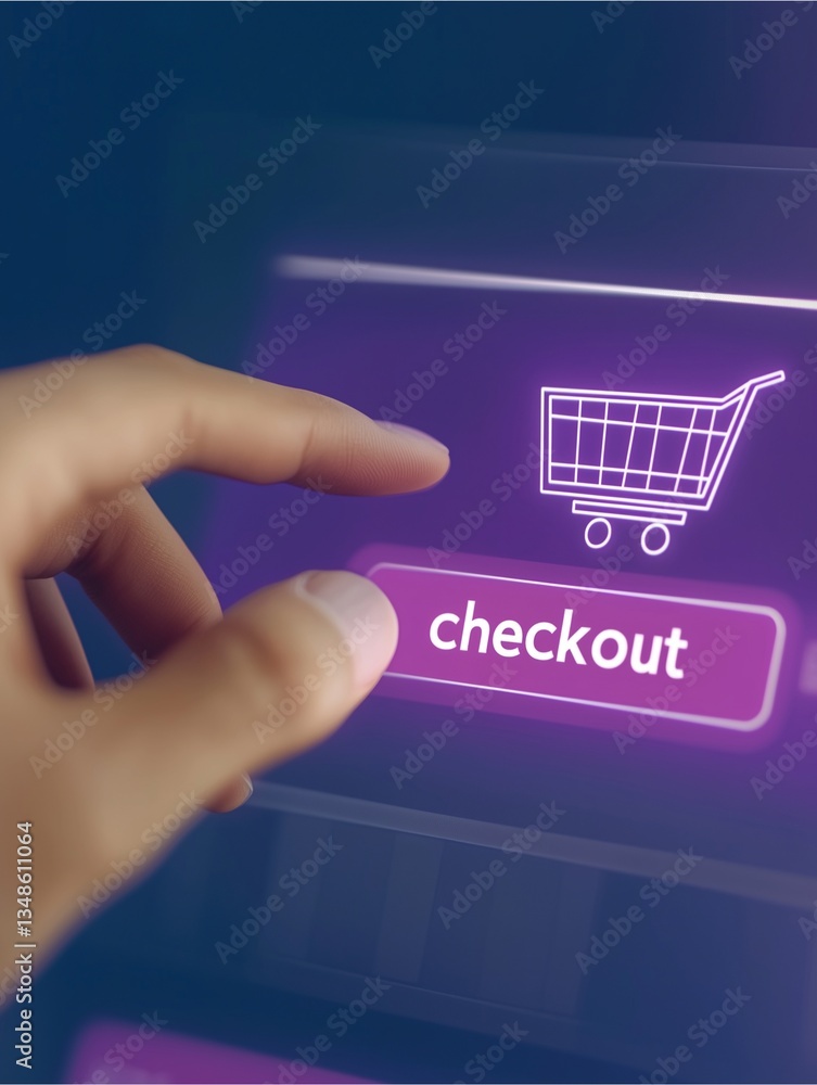 Poster digital checkout: a close-up shot of a hand pressing a 