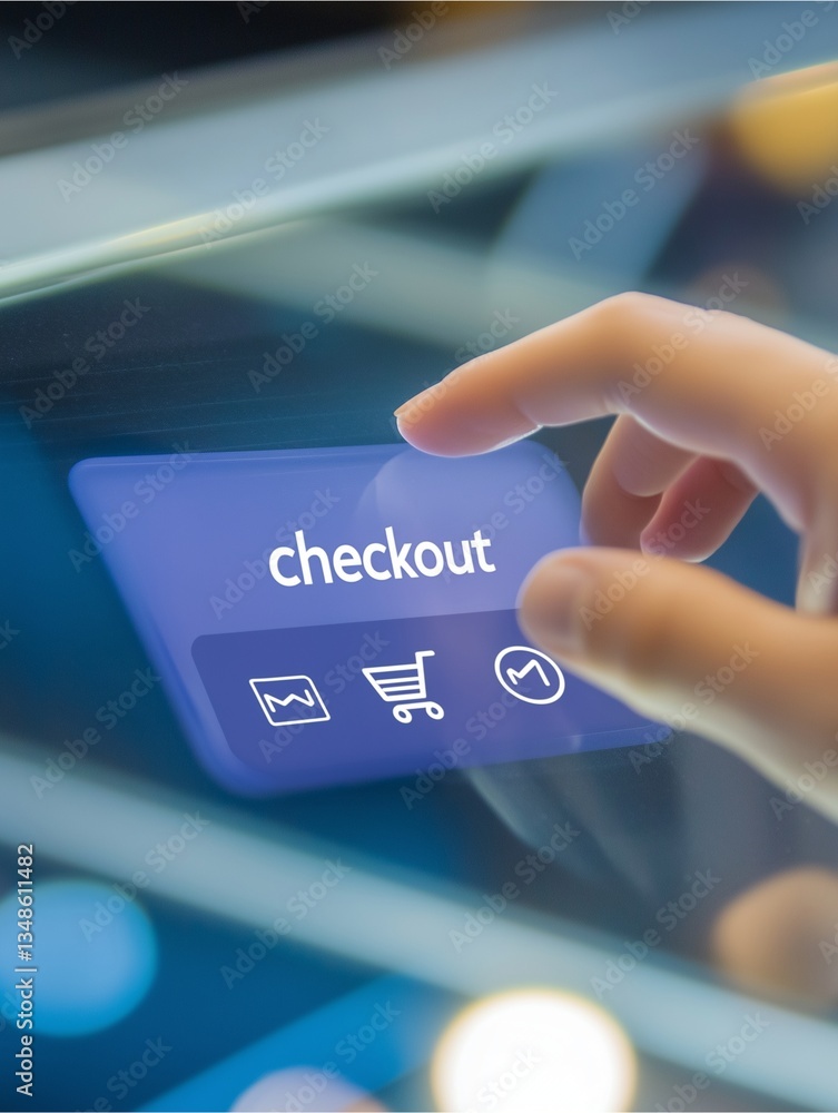 Poster digital checkout: a close-up shot of a finger pressing a digital 