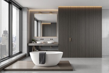 Modern bathroom interior with freestanding bathtub and city view.