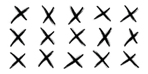 Hand drawn black crosses. Crayon pen brush handwritten. Marker stroke, child scribble. Grunge chalk cross set. Strikethrough x doodle lines. Isolated vector illustration on white background.