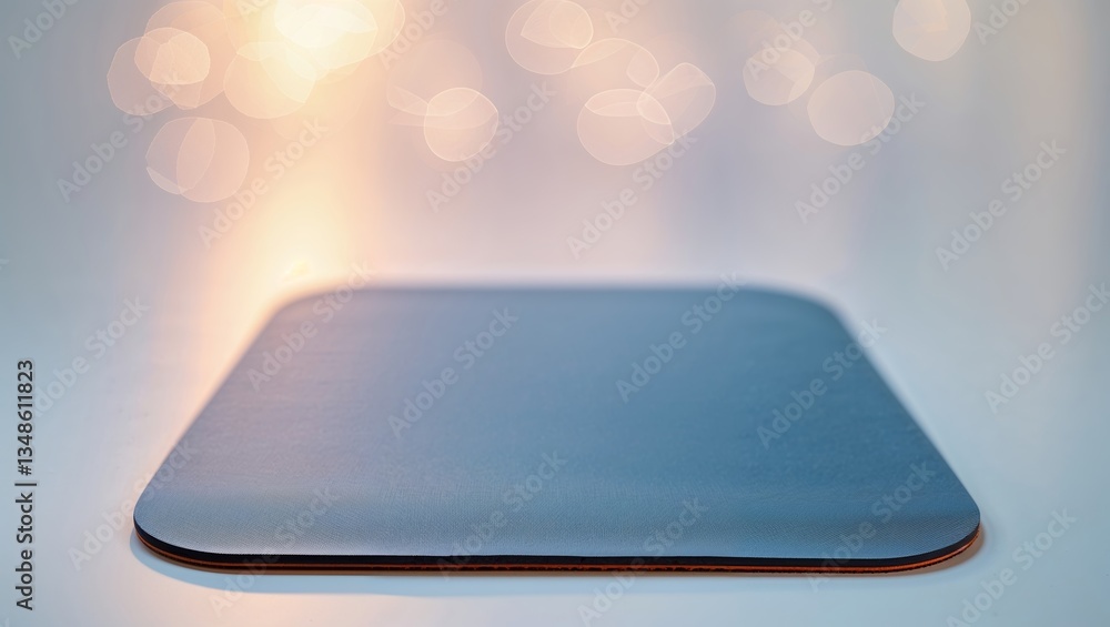 Poster minimalist desk setup featuring a sleek mousepad with blurred lights in the background during evenin