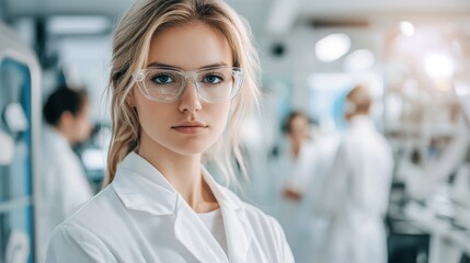 Fototapeta premium female scientist in white coat in medical laboratory with team of specialists in background