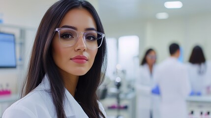 Fototapeta premium female scientist in white coat in medical laboratory with team of specialists in background