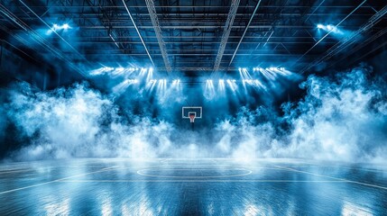 The stadium features dynamic views of a basketball game enhanced by theatrical smoke.