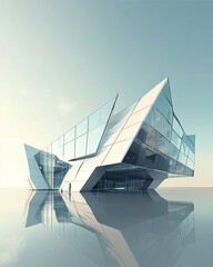 Modern Architectural Marvel: A striking architectural rendering showcases a sleek, modern building with a sharp, geometric design, large glass windows, and a mirrored reflection in the calm water.