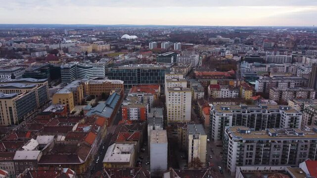 Aerial establishing Budapest urban layout, streets, green spaces, and residential areas