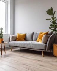 Fototapeta premium Minimalist Scandinavian Interior Design with Gray Sofa Natural Lighting Cozy Living Room
