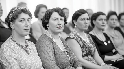 Obraz premium Elegant Women in Vintage Attire Gathered for an Event in Black and White