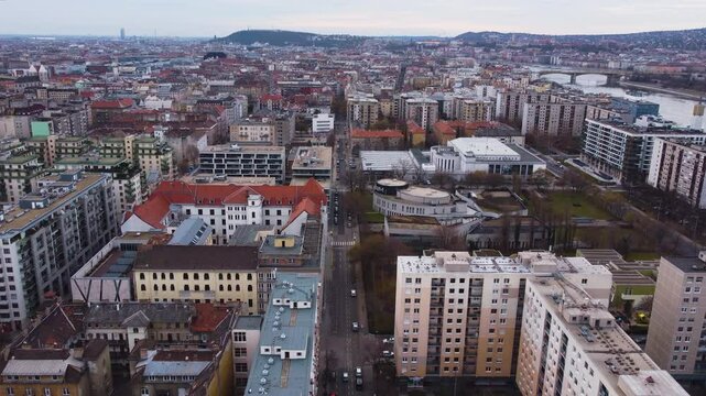 Budapest residential area from above, apartment buildings, streets, and traffic
