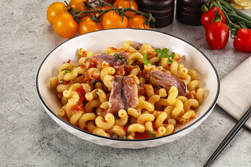 Italian pasta cellentani with anchovy