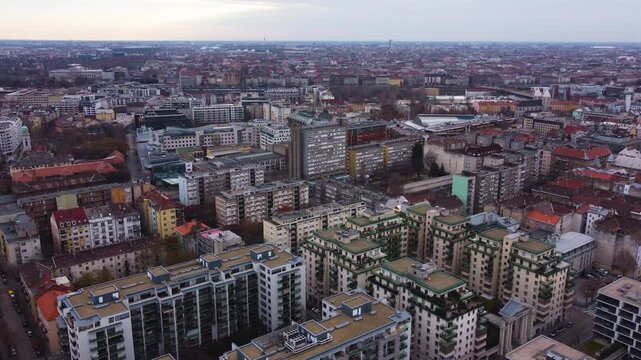 Budapest city over from above, neighborhoods, major roads, and urban sprawl