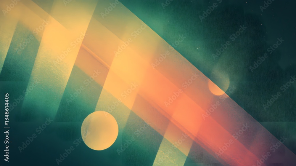 Poster abstract colorful geometric shapes overlap with illuminated spheres across a dark space