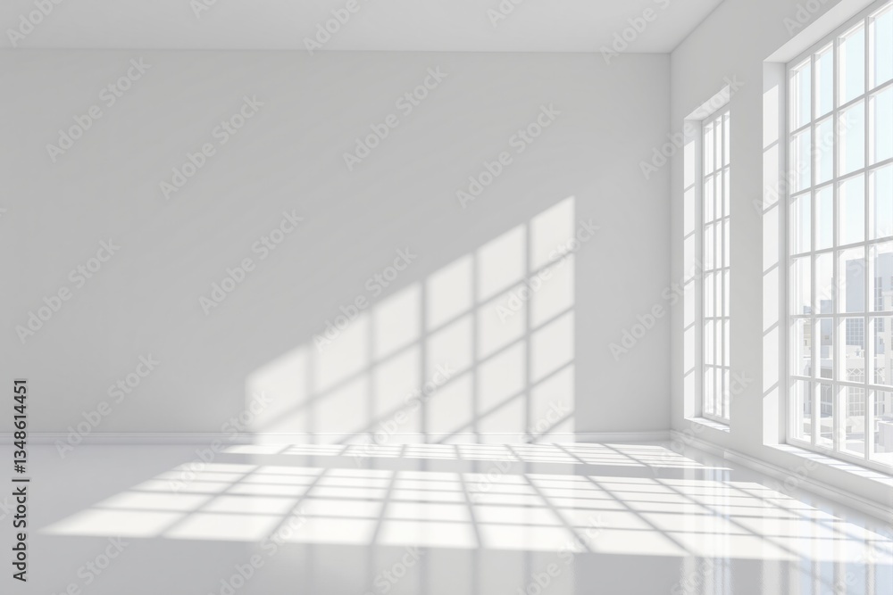 Poster bright empty modern interior with large windows and sunlight casting geometric shadows on white wall