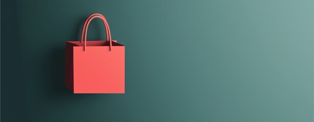 Shopping Bag Minimal: A minimalist design of a red shopping bag on a teal green background, with a touch of modern simplicity.