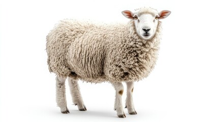 Naklejka premium Portrait of a Fluffy Sheep Against a White Background