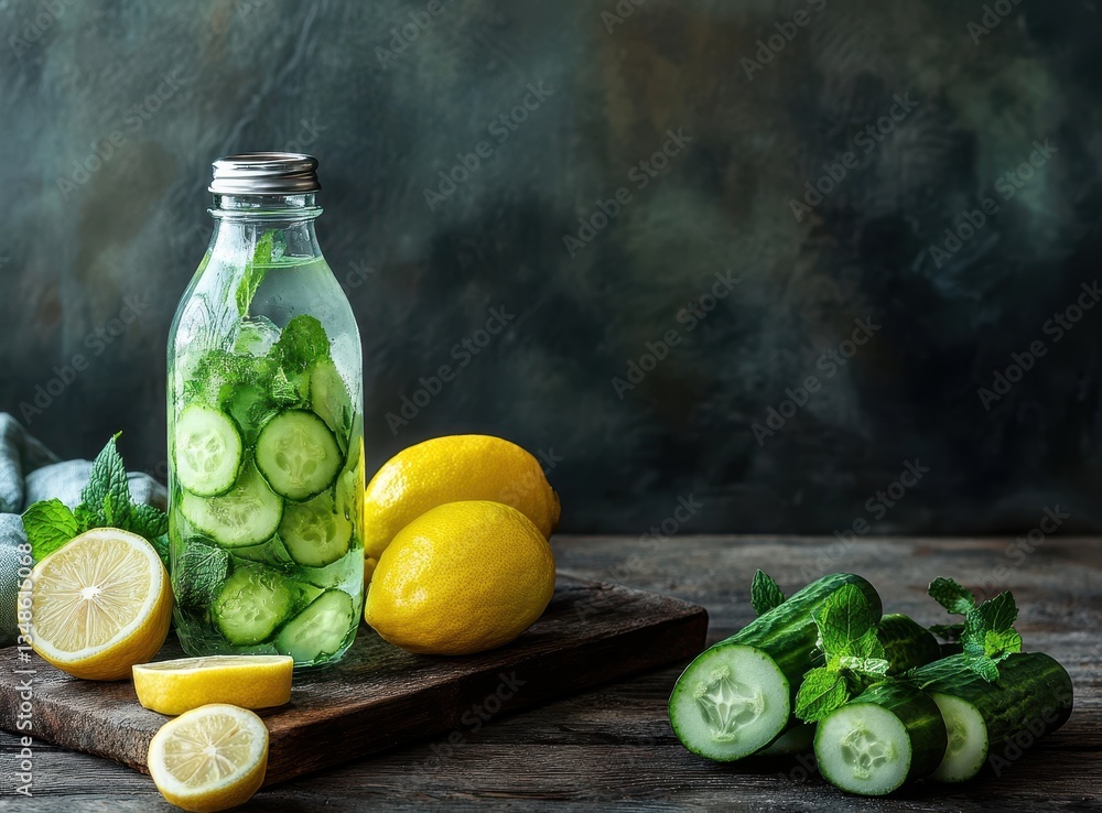 Poster refreshing cucumber and lemon infused water in a glass bottle with fresh mint and sliced cucumbers o