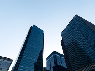 Corporate office buildings towers skyscrapers low angle