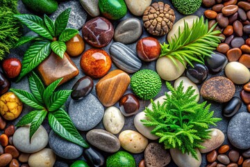 Assorted Polished Stones and Greenery