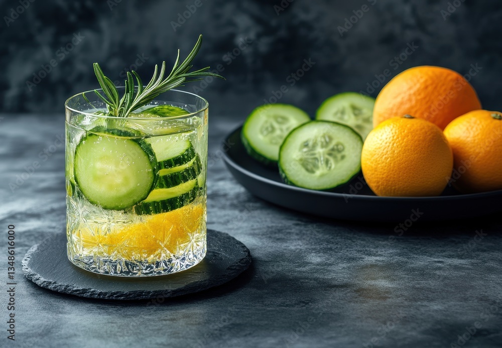 Poster refreshing cucumber drink with slices garnished with rosemary, showcasing brightness from oranges on