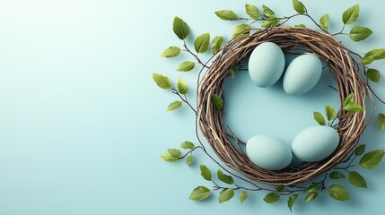 Nest with three pastel blue Easter eggs surrounded by soft green leaves resting on a light background representing the peaceful beauty of seasonal nature and renewal