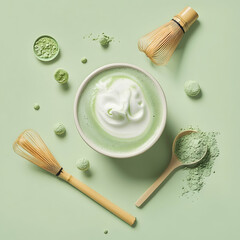 Matcha latte with whisk and powder on green background.