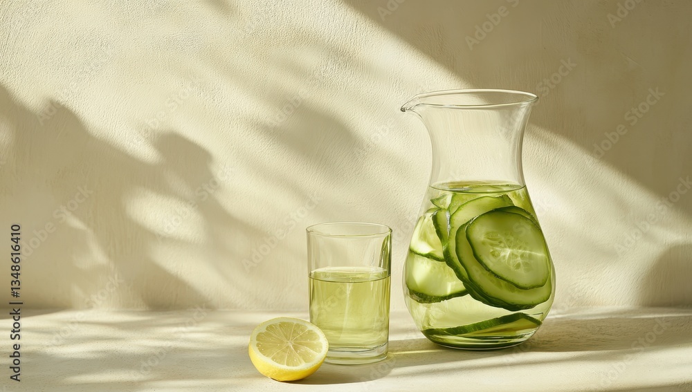 Poster refreshing cucumber lemon infused water in glass pitcher on simple background with soft shadows and 