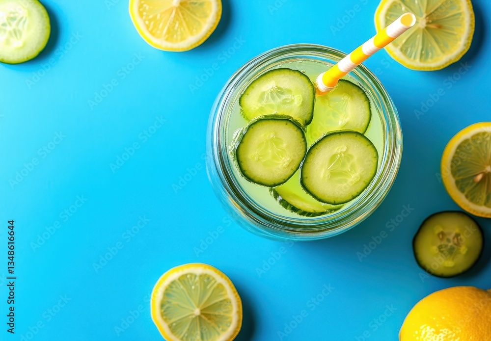 Poster refreshing cucumber lemonade in a jar with sliced cucumbers and straw on a bright blue surface surro