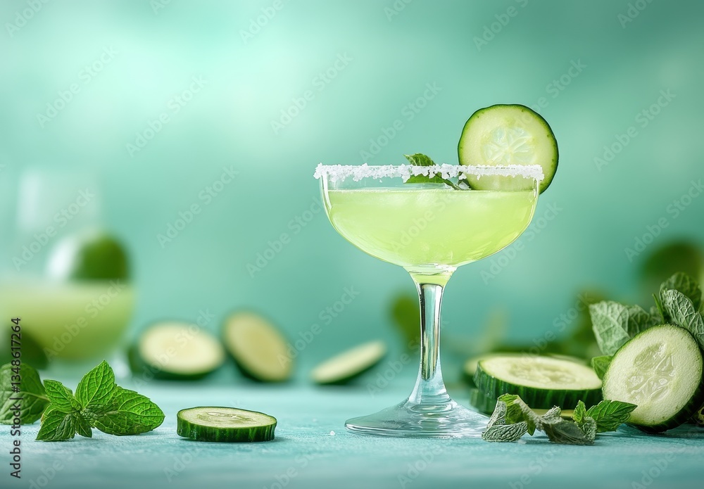 Poster refreshing cucumber mojito cocktail with mint garnish and lime on gradient green background