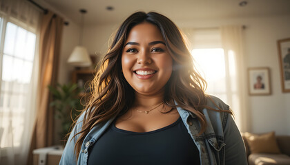 Plus-Size Woman Smiling in Outdoor Sunlight – Body Positivity and Lifestyle Campaign-Perfect for social media, wellness content, or brands focusing on body inclusivity and empowerment.