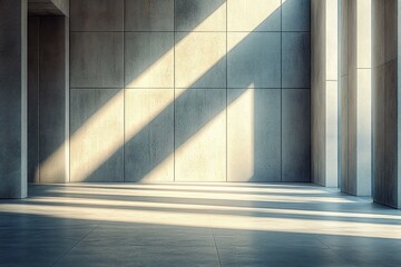 Obraz premium Serene Minimalist Concrete Interior with Dramatic Sunlight and Geometric Shadows
