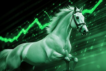 Dynamic white horse against rising graph in green ambience