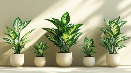 Obraz premium Arrangement of potted plants in various sizes, displaying lush green foliage with white variegation, in soft natural light.