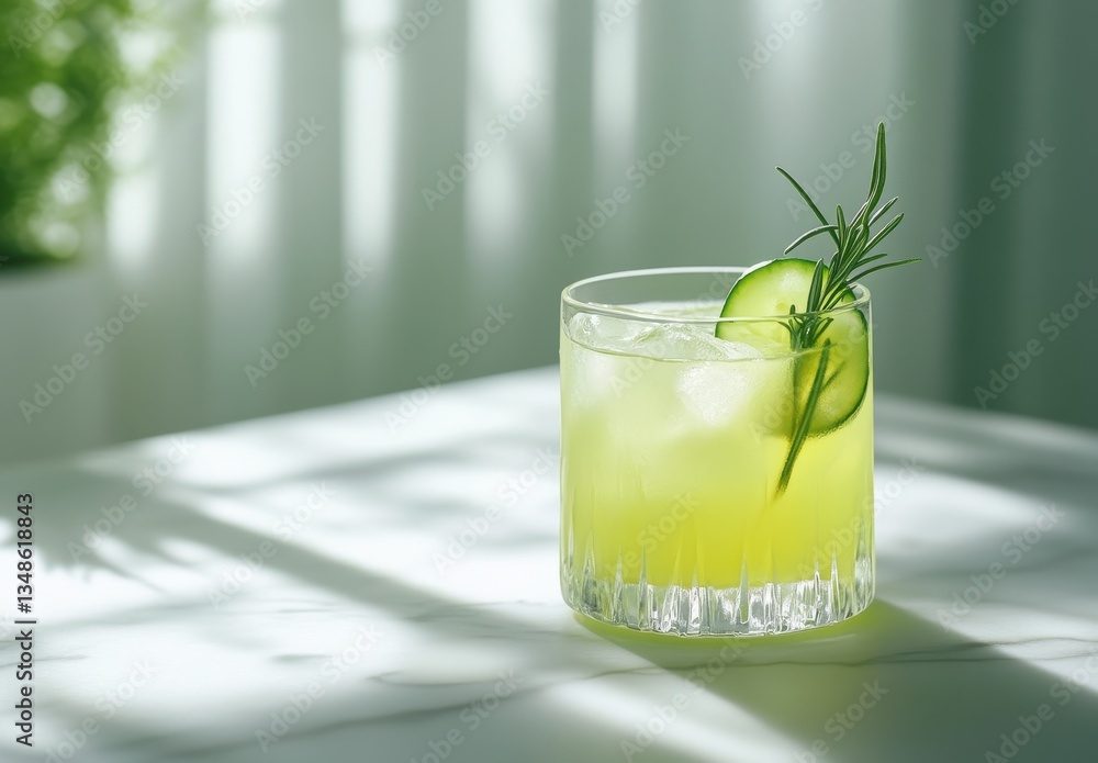 Poster refreshing green cocktail with cucumber garnish and rosemary on a sunlit table with natural light an