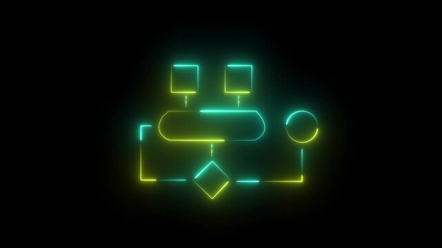 Neon glowing Block diagram concept analysis scheme logical algorithm flow chart animation on black background.