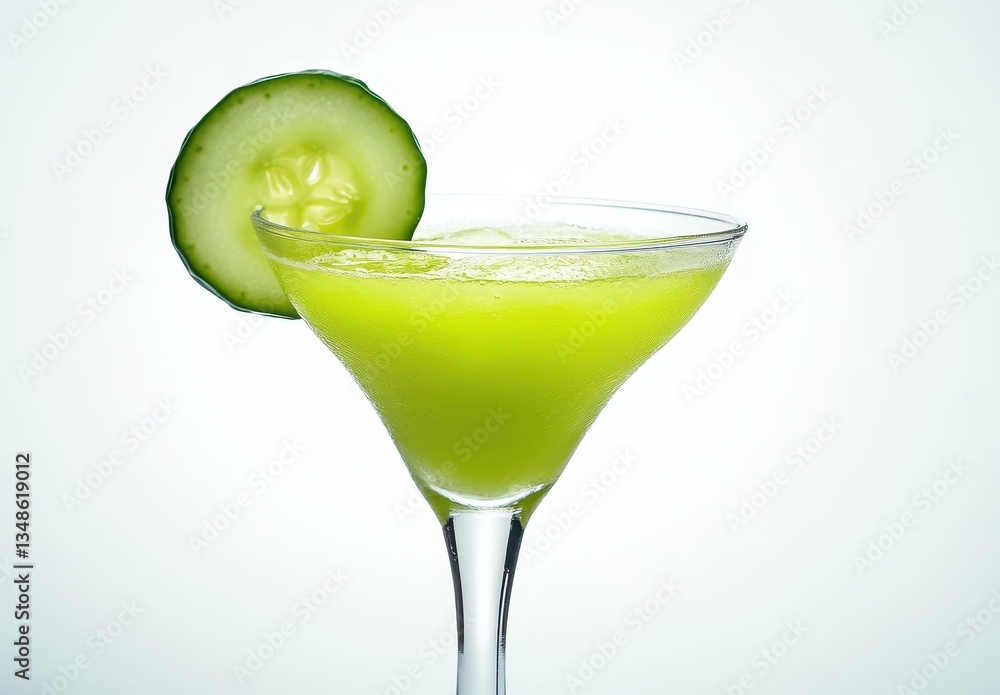Poster refreshing green cucumber cocktail in elegant glass with slice of cucumber on edge capturing summer 