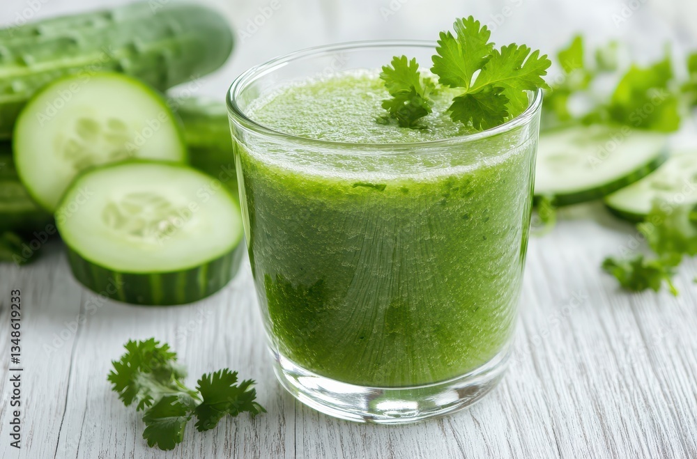 Poster refreshing green cucumber juice in glass with garnish of fresh cilantro and slices of cucumber on ru