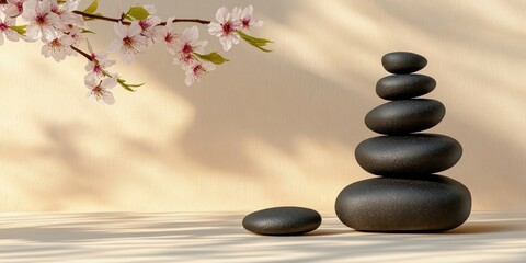 Zen Minimalist Composition of Stacked Stones and Cherry Blossoms in a Tranquil Setting