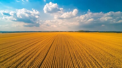 Aerial view golden wheat field, sunny day, farmland, clouds