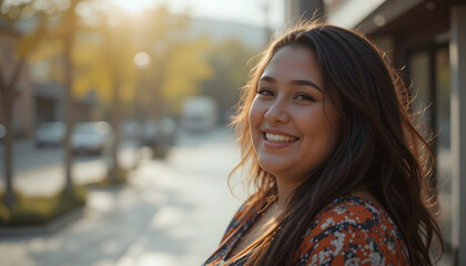 Obraz premium Plus-Size Woman Smiling in Outdoor Sunlight – Body Positivity and Lifestyle Campaign-Perfect for social media, wellness content, or brands focusing on body inclusivity and empowerment.
