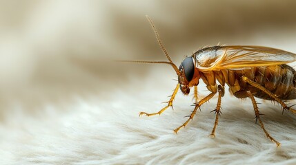 Obraz premium An extreme close-up of a cockroach crawling on a soft, fluffy surface showcasing its intricate details and textures in the natural world