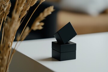 Sleek Black Perfume Bottle on White Vanity with Soft Diffused Lighting