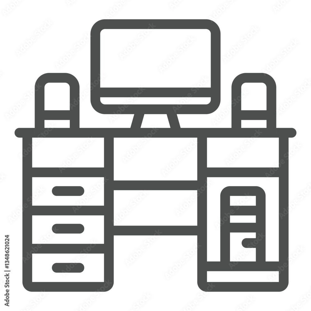 Poster computer desk with system unit and monitor line icon, house and interior concept. vector graphics. d